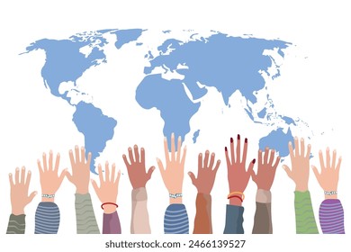 Group raised human arms and hands with a world map diversity multiethnic people Racial equality Men and women of different culture and nations. Coexistence harmony. Multicultural community 