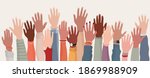 Group raised human arms and hands.Diversity multiethnic people. Racial equality. Men and women of different culture and nations. Coexistence harmony. Multicultural community integration