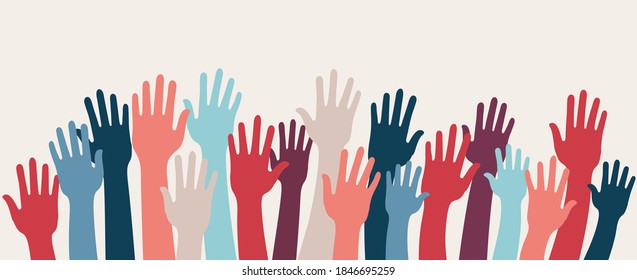 Group raised human arms and hands.Diversity multiethnic people. Racial equality. Men and women of different culture and countries. Coexistence harmony. Multicultural community integration
