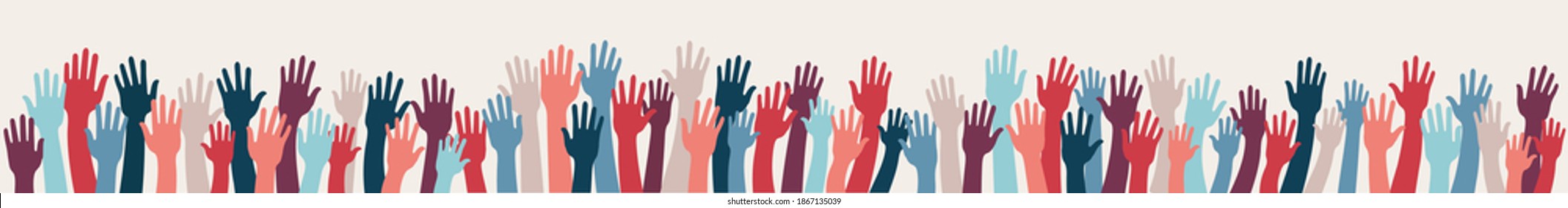 Group Raised Human Arms And Hands.Diversity Multiethnic People.Racial Equality.Men Women Children Of Diverse Culture And Countries.Multicultural Community Integration.Coexistence Harmony