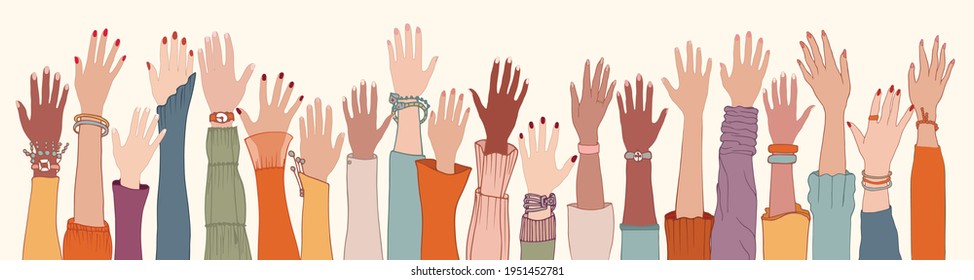 Group raised human arms and hands.Diversity multiethnic people.Racial equality.Men and women of diverse culture Coexistence harmony.Multicultural community integration.Males and females