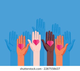 Group raised human arms and hands.Diversity multiethnic people. Racial equality. Men and women of different culture and nations. Coexistence harmony. Multicultural community integration