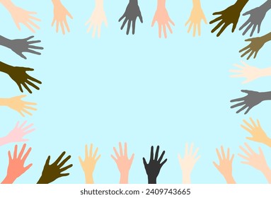 Group raised human arms and hands.Diversity multiethnic people. Racial equality. Men and women of different culture and countries. Coexistence harmony. 