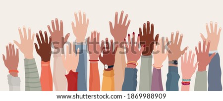 Group raised human arms and hands.Diversity multiethnic people. Racial equality. Men and women of different culture and nations. Coexistence harmony. Multicultural community integration