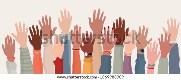 Group raised human arms and hands.Diversity multiethnic people. Racial equality. Men and women of different culture and nations. Coexistence harmony. Multicultural community integration