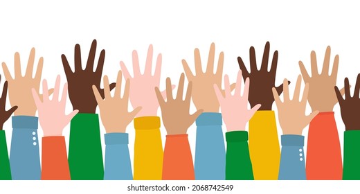 Group Raised Human Hands. Racial Equality. Men And Women Of Different Cultures And Peoples. Seamless Horizontal Pattern.