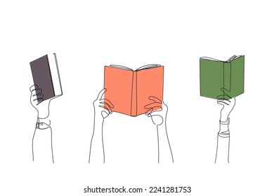 Group raised people hands holding books  One line drawing style  Reading  education concept  Hand drawn vector Illustration 
