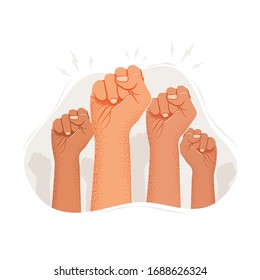 Group of raised up protestors arms silhouettes. Protest demonstration or public action. Vector illustration.