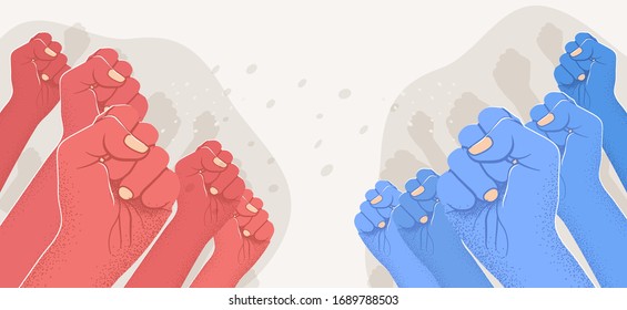 Group of raised red arms against group of blue raised arms. Opposition, confrontation, versus concept. Left vs right. Vector illustration