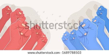 Group of raised red arms against group of blue raised arms. Opposition, confrontation, versus concept. Left vs right. Vector illustration