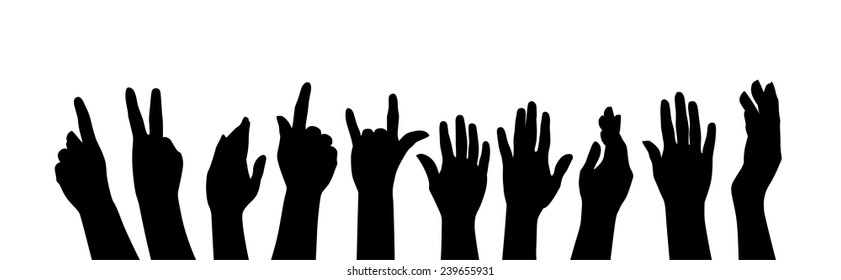 Raised Hands Silhouettes On Yellow Background Stock Vector (Royalty ...