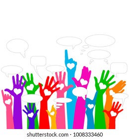 Group of raising hands with bubble chat cloud, vector