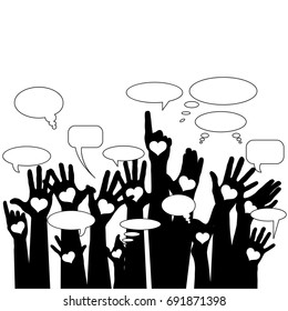 Group of raising hands with bubble chat cloud vector