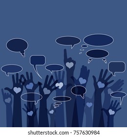 Group of raising hands with bubble chat cloud, vector