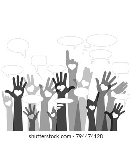 Group of raising hands with bubble chat cloud, tolerance, vector