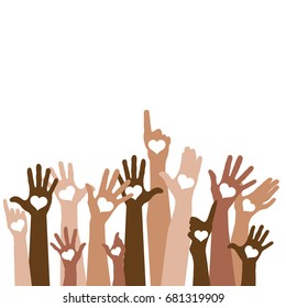 Group of raising hands with hearts, tolerance, vector