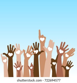 Group of raising hands with hearts, tolerance, vector