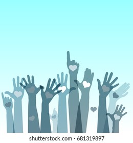 Group of raising hands with hearts, vector