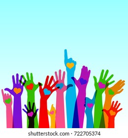 Group of raising hands with hearts, vector