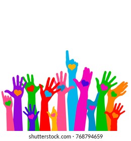 Group of raising hands with hearts, vector