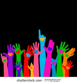 Group of raising hands with hearts, vector