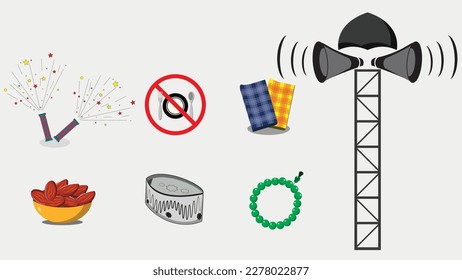 Group of Ramadan Icon in vector, firework icon, dates or "kurma",  prayer beads or "tasbih" , sarong or "sarung" ,prayer cap or "peci" ,  toa loudspeaker , no eat, suitable for poster wallpaper design