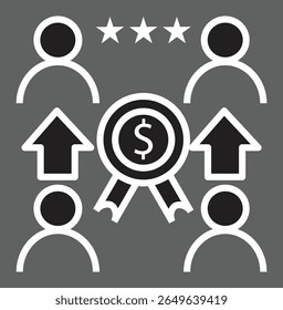 Ícone de grupo com estrelas de classificação representando comentários de clientes, avaliações de revisão ou pontuação de confiança de SEO com fundo transparente