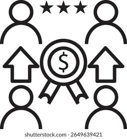 Ícone de grupo com estrelas de classificação representando comentários de clientes, avaliações de revisão ou pontuação de confiança de SEO com fundo transparente