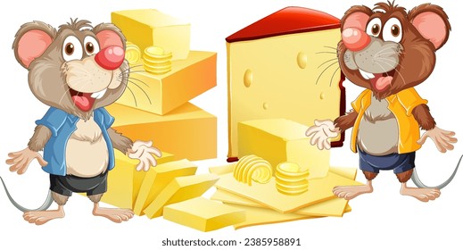 A group of rats standing near a large amount of cheese