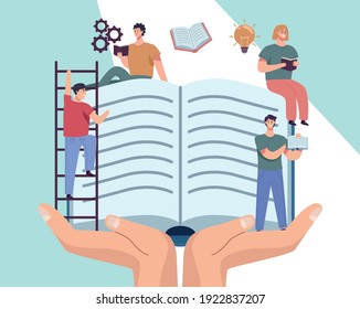 group of readers with books in hands characters vector illustration design