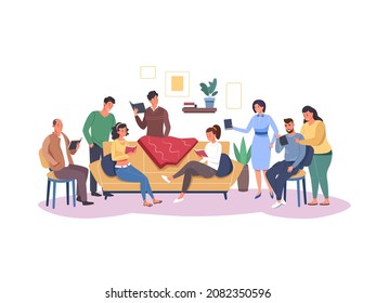 Group readers. People reading books together, Young man and woman read book, diverse group student study library literature, flat garish vector illustration. Reader group study together