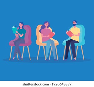 group of readers reading books seated in chairs characters vector illustration design