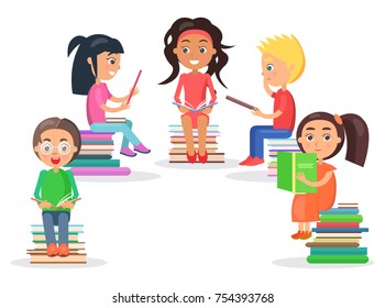 Group of reading kids siting on heap of literature and keeping colored open textbook on white background vector illustration