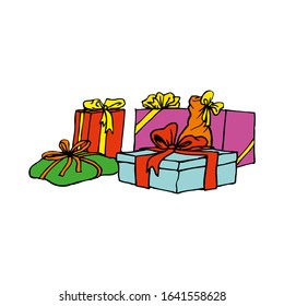 Group of Realistic 3D Colorful Gifts with Colorful Ribbons Wrap with Dotted Pattern for Birthday or Christmas Celebration in White Background. Editable Vector Illustration.