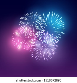 A group of realistic bright fireworks lighting up the night sky. Vector illustration