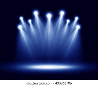 Group of realistic bright projectors for scene lighting isolated on black background. Vector special light effects