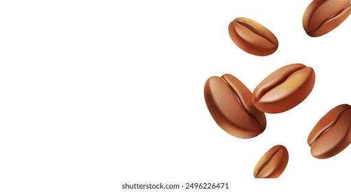 A group of realistic coffee beans on a white background, 3D. For advertising fresh, delicious coffee, and packaging design for goods and products with coffee. Vector illustration.