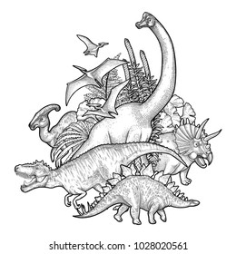 Group of realistic graphic dinosaurs surrounded by lush prehistoric plants. Vector animals of Jurassic period drawn in engraving technique. Coloring book page design.