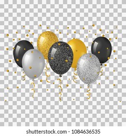 Group of realistic helium balloons with streamers, glitter and confetti isolated on transparent background.