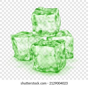 Group of realistic translucent ice cubes in green color, with shadow, isolated on transparent background. Transparency only in vector format