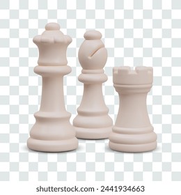 Group of realistic white chess pieces. Queen, bishop, rook