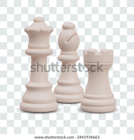 Group of realistic white chess pieces. Queen, bishop, rook