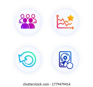 Group, Recovery data and Ranking stars icons simple set. Button with halftone dots. Recovery hdd sign. Developers, Backup info, Winner results. Education set. Gradient flat group icon. Vector