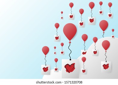 Group of red balloon and hand drawn heart doodle float in above cloud. Paper art vector illustration.