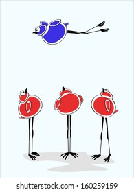 Group of red birds watching a blue bird flying - success concept - EPS8 Grouped and layered 