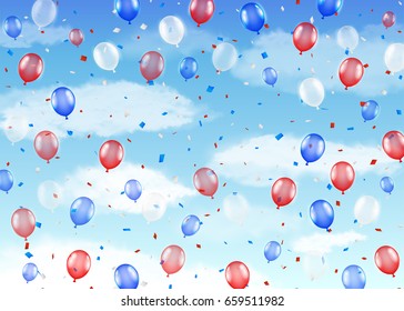 group of red blue white helium balloons on a sky
