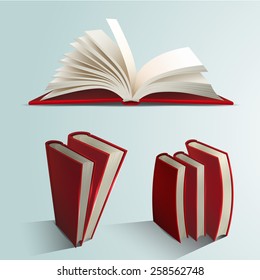 Group of red books, open book, vector illustration