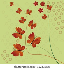 a group of red butterflies with some red bubbles