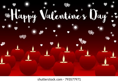 A group of red candles with the flame on dark color background with hearts shaped bokeh and Happy Valentine's Day text. Vector illustration.