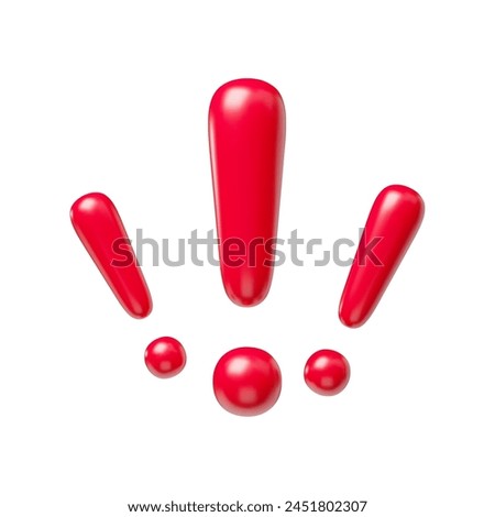 Group of red exclamation signs realistic 3d symbols. Glossy exclamation marks, warning, attention, secure signals, caution or error mark three-dimensional rendering vector illustration